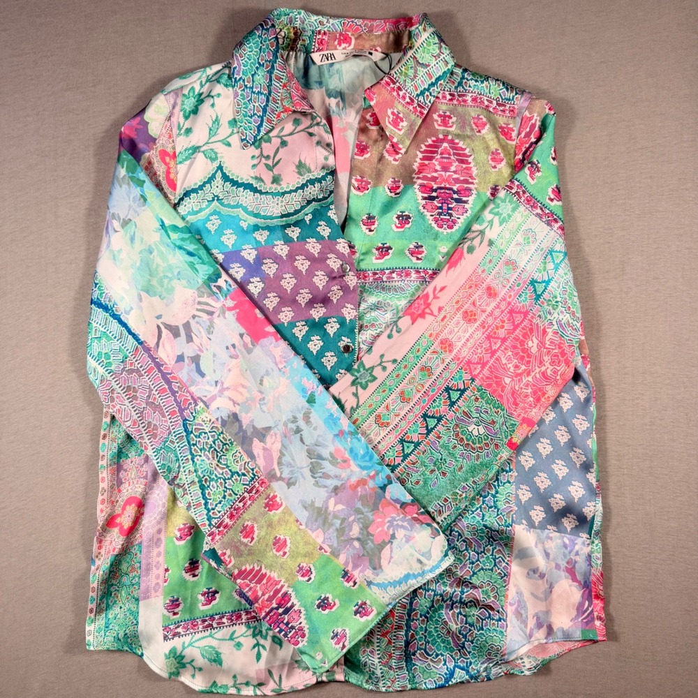 Zara Womens Patchwork Floral Paisley Satin Button Down Shirt Multi Color Small